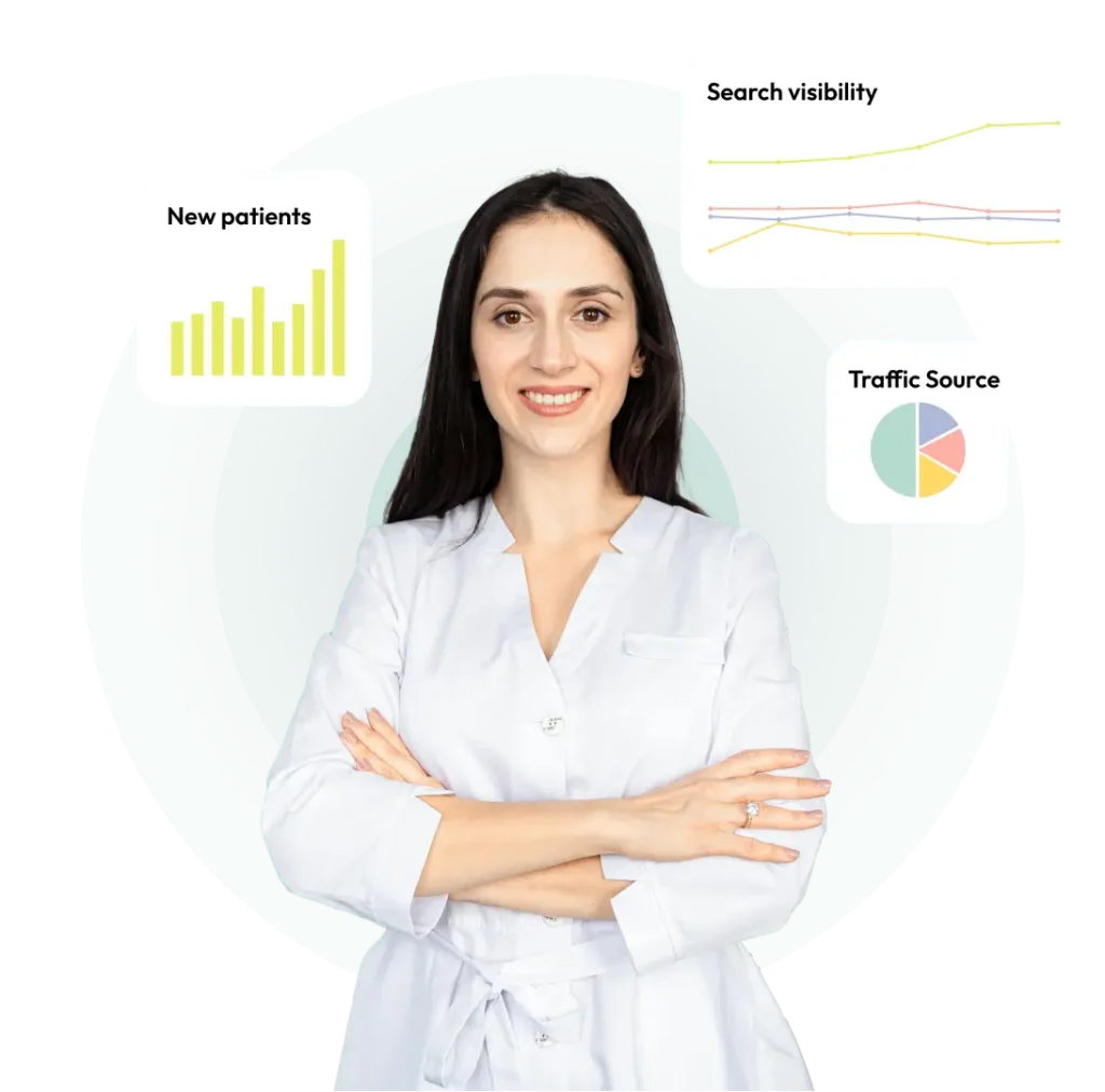 Optometrist in white lab coat standing confidently with charts showing patient growth, search visibility, and traffic sources in the background.